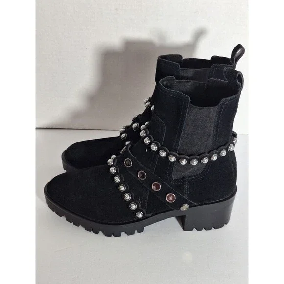 Karl Lagerfeld Paris Black Pia Faux Pearl Studded Suede Ankle Boots Sz 7.5B Goth - Picture 3 of 13